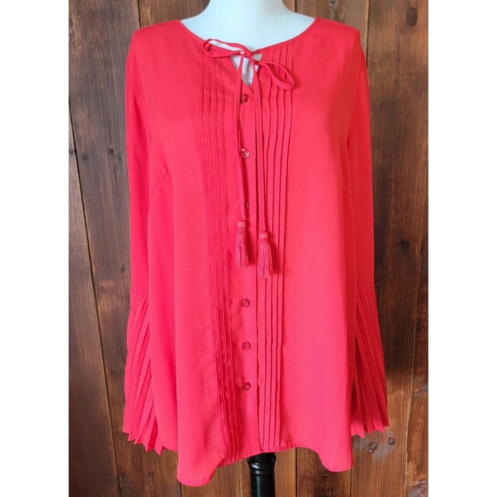Belle - Kim Gravel Red Sheer Pleated Blouse L Bell Sleeves Tassel Tie Flowy Chic